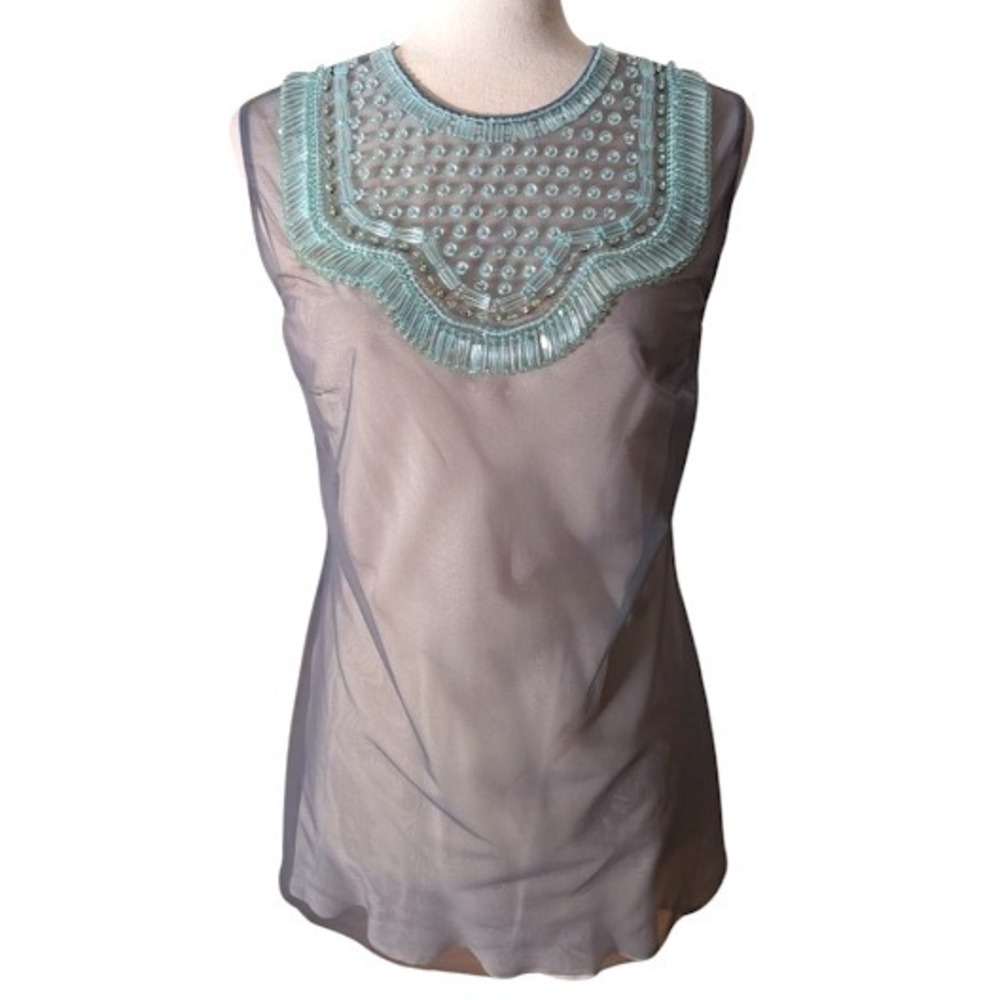 PRADA Embellished Sheer Sleeveless Top Blue Beaded Neckline Womens - Picture 3 of 14